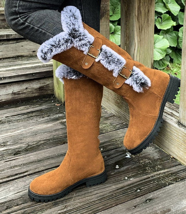 Women's Faux-Suede Fur-Trim Buckle Knee High Boots - Light Brown