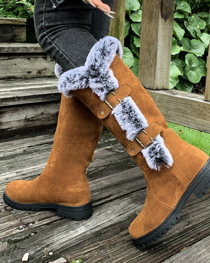 Women's Faux-Suede Fur-Trim Buckle Knee High Boots