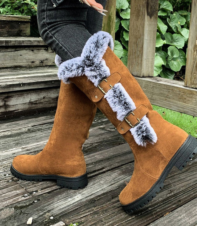 Women's Faux-Suede Fur-Trim Buckle Knee High Boots