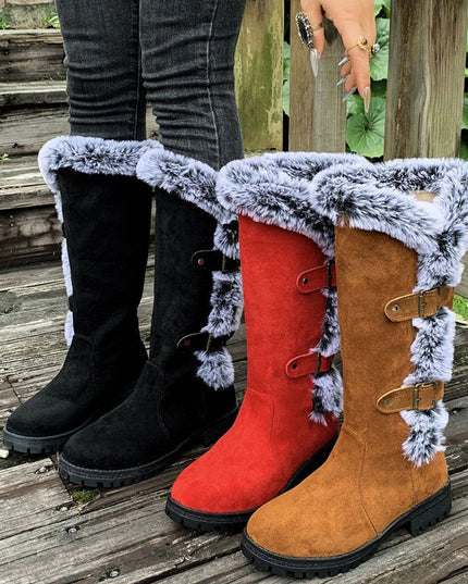 Women's Faux-Suede Fur-Trim Buckle Knee High Boots