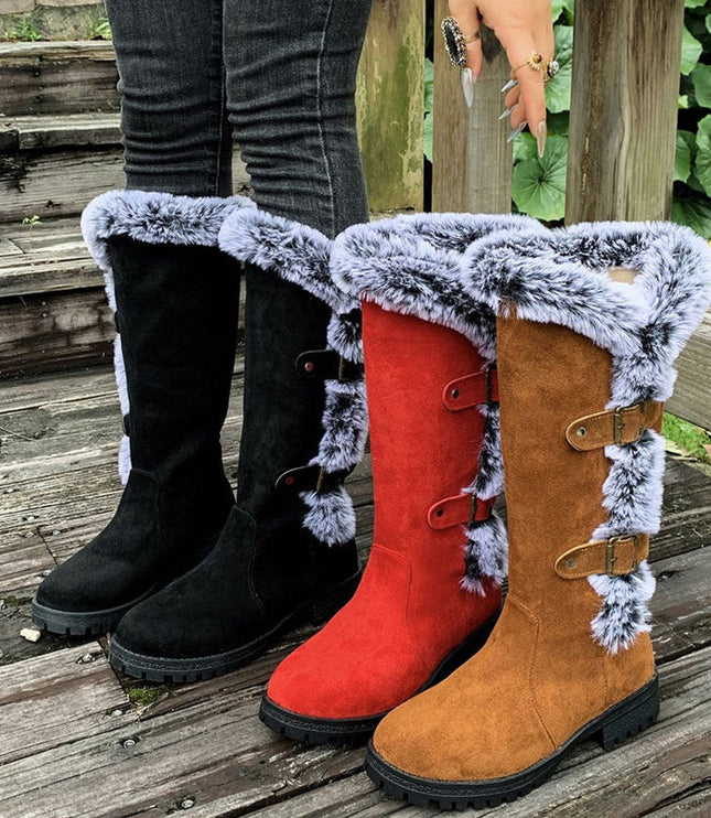 Women's Faux-Suede Fur-Trim Buckle Knee High Boots