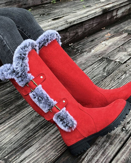 Women's Faux-Suede Fur-Trim Buckle Knee High Boots
