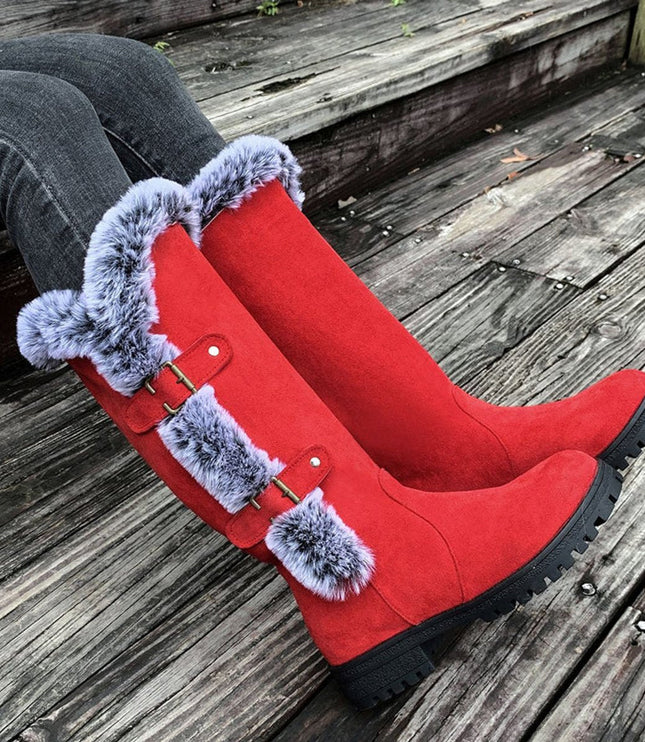 Women's Faux-Suede Fur-Trim Buckle Knee High Boots