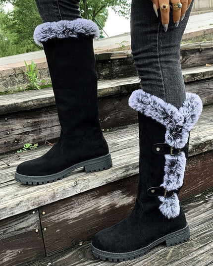 Women's Faux-Suede Fur-Trim Buckle Knee High Boots