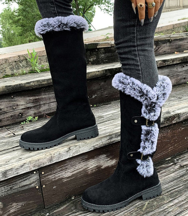 Women's Faux-Suede Fur-Trim Buckle Knee High Boots