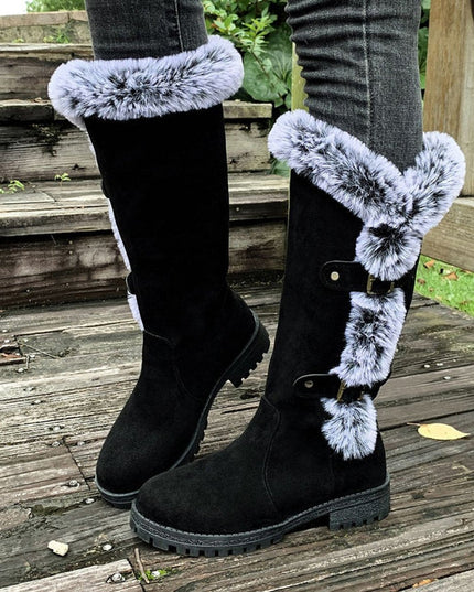 Women's Faux-Suede Fur-Trim Buckle Knee High Boots - Black