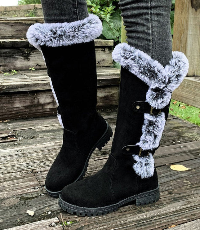 Women's Faux-Suede Fur-Trim Buckle Knee High Boots - Black