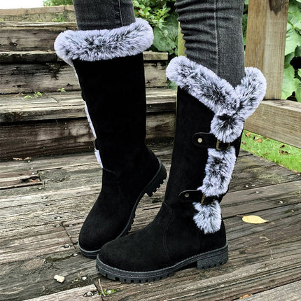Women's Faux-Suede Fur-Trim Buckle Knee High Boots - Black