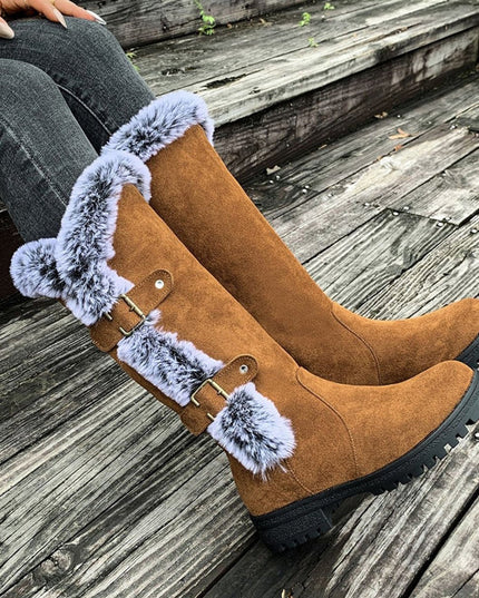Women's Faux-Suede Fur-Trim Buckle Knee High Boots