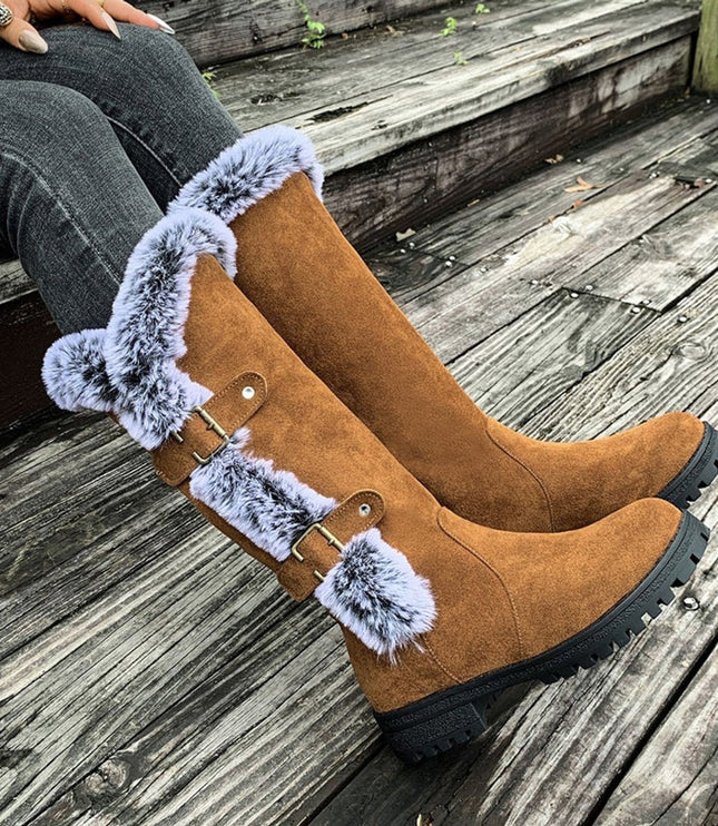 Women's Faux-Suede Fur-Trim Buckle Knee High Boots