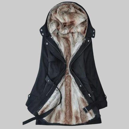 Wintermantel Damen Langer Gefütterter Parka mit Kunstfell-Kapuze - Schwarz