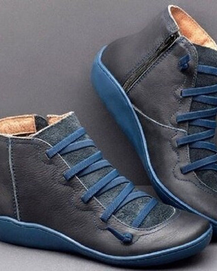 Stiefeletten Damen Kunstleder Schnürung Seitlichem Reißverschluss Knöchelhohe Boots - Blau
