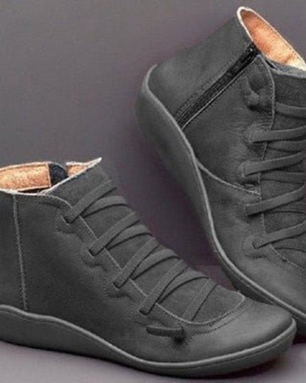 Stiefeletten Damen Kunstleder Schnürung Seitlichem Reißverschluss Knöchelhohe Boots - Grau