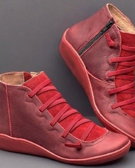Stiefeletten Damen Kunstleder Schnürung Seitlichem Reißverschluss Knöchelhohe Boots - Rot