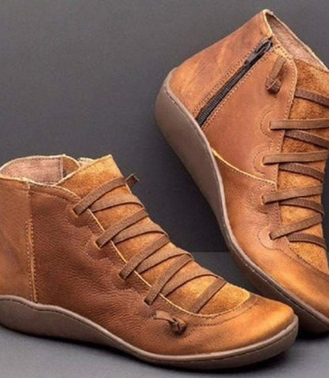 Stiefeletten Damen Kunstleder Schnürung Seitlichem Reißverschluss Knöchelhohe Boots