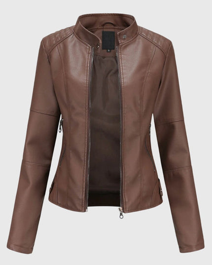 Women's Slim-Fit Faux Leather Moto Coat Stand-Collar Zip-Up Jacket - Dark Brown