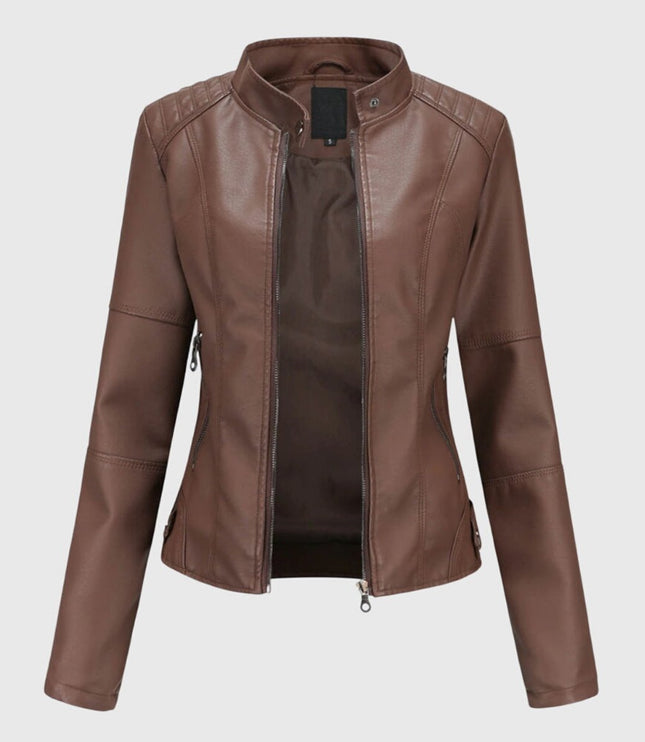 Women's Slim-Fit Faux Leather Moto Coat Stand-Collar Zip-Up Jacket - Dark Brown