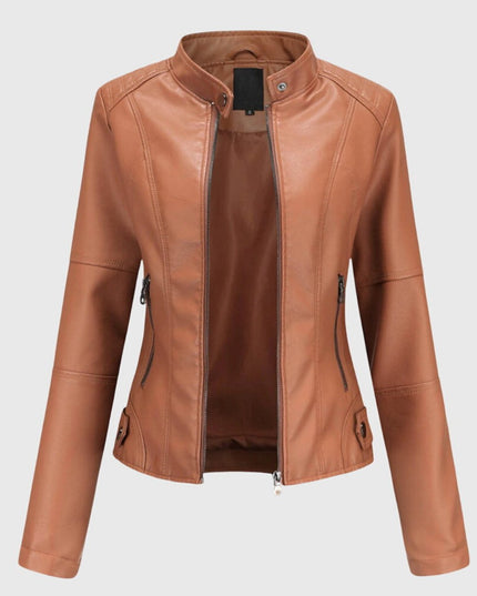 Women's Slim-Fit Faux Leather Moto Coat Stand-Collar Zip-Up Jacket - Light Brown