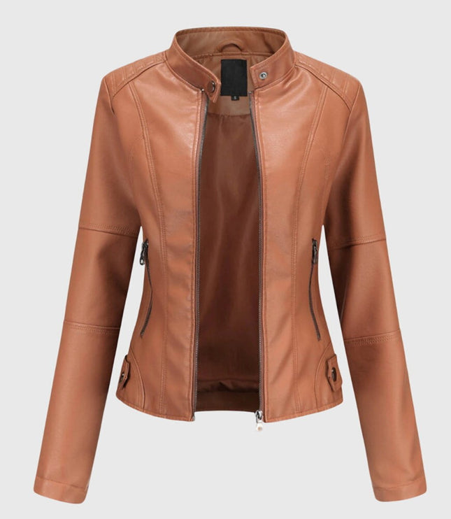 Women's Slim-Fit Faux Leather Moto Coat Stand-Collar Zip-Up Jacket - Light Brown