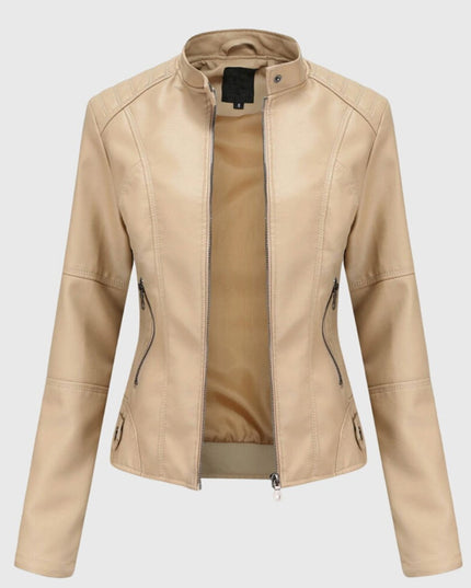 Women's Slim-Fit Faux Leather Moto Coat Stand-Collar Zip-Up Jacket - Beige