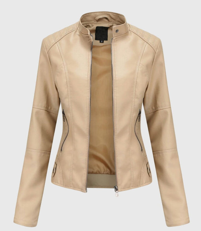 Women's Slim-Fit Faux Leather Moto Coat Stand-Collar Zip-Up Jacket - Beige