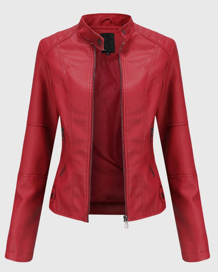 Women's Slim-Fit Faux Leather Moto Coat Stand-Collar Zip-Up Jacket - Red
