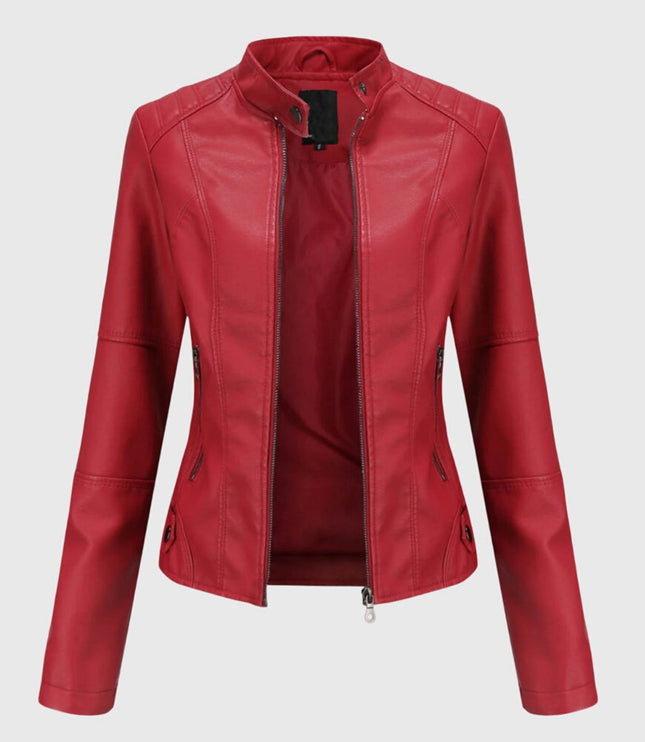 Women's Slim-Fit Faux Leather Moto Coat Stand-Collar Zip-Up Jacket - Red