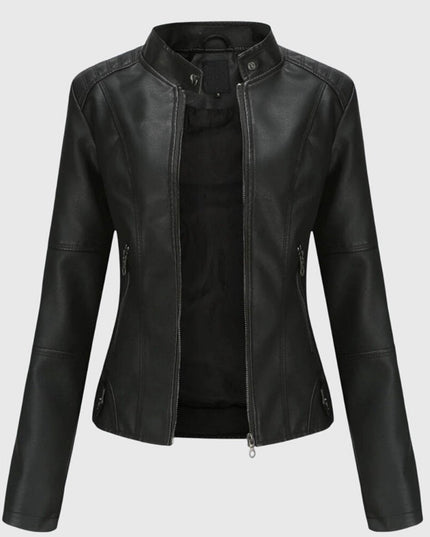 Women's Slim-Fit Faux Leather Moto Coat Stand-Collar Zip-Up Jacket - Black