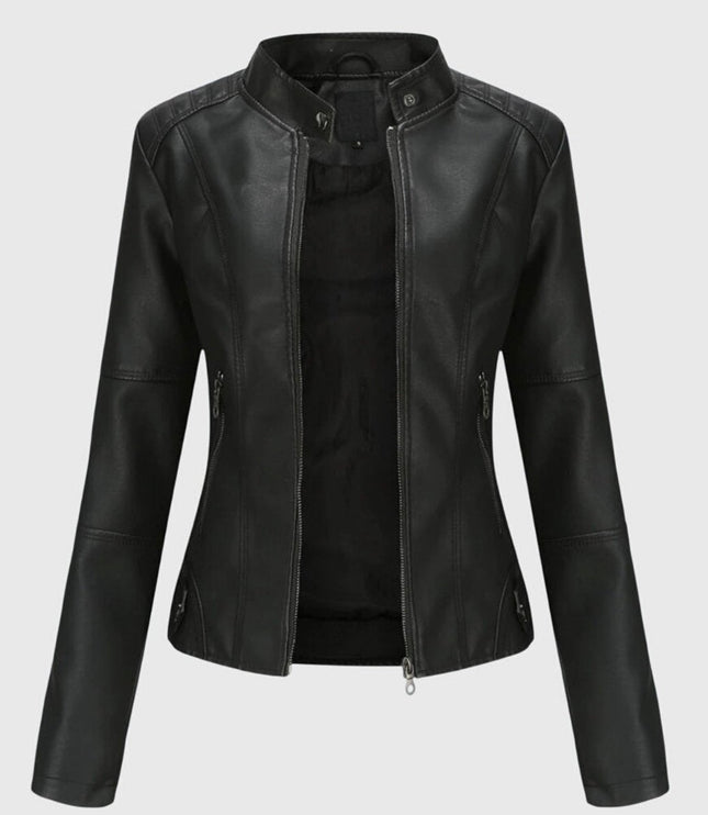 Women's Slim-Fit Faux Leather Moto Coat Stand-Collar Zip-Up Jacket - Black
