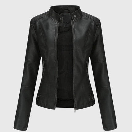 Women's Slim-Fit Faux Leather Moto Coat Stand-Collar Zip-Up Jacket - Black