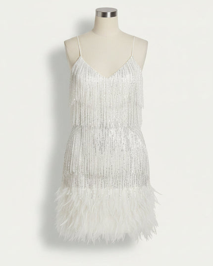 Women's Feather Hem Tiered Fringe Sequin Dress