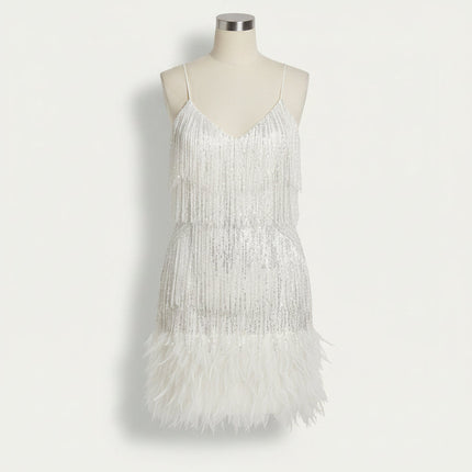 Women's Feather Hem Tiered Fringe Sequin Dress