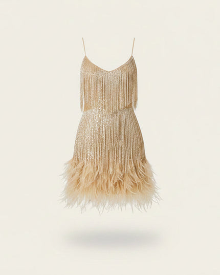 Women's Feather Hem Tiered Fringe Sequin Dress