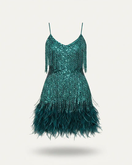 Women's Feather Hem Tiered Fringe Sequin Dress