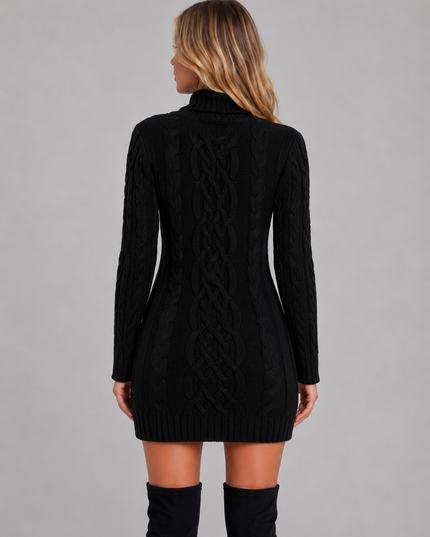 Women's Fitted Cable Knit Mini Jumper Dress with Roll Neck
