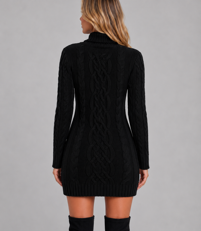 Women's Fitted Cable Knit Mini Jumper Dress with Roll Neck