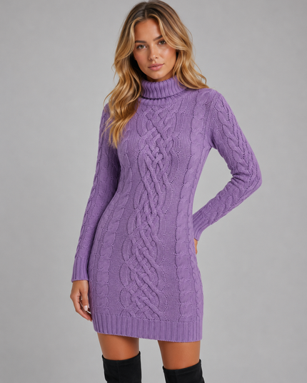 Women's Fitted Cable Knit Mini Jumper Dress with Roll Neck