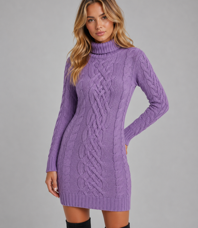 Women's Fitted Cable Knit Mini Jumper Dress with Roll Neck