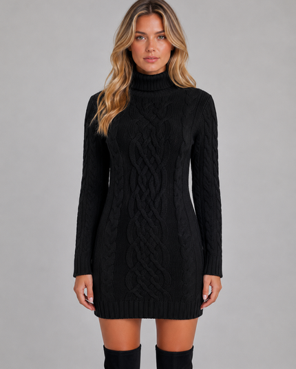 Women's Fitted Cable Knit Mini Jumper Dress with Roll Neck