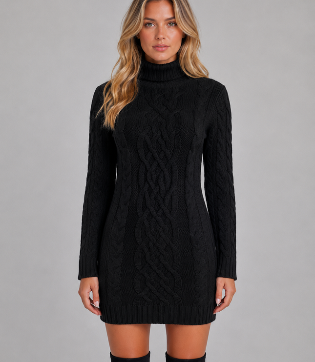 Women's Fitted Cable Knit Mini Jumper Dress with Roll Neck