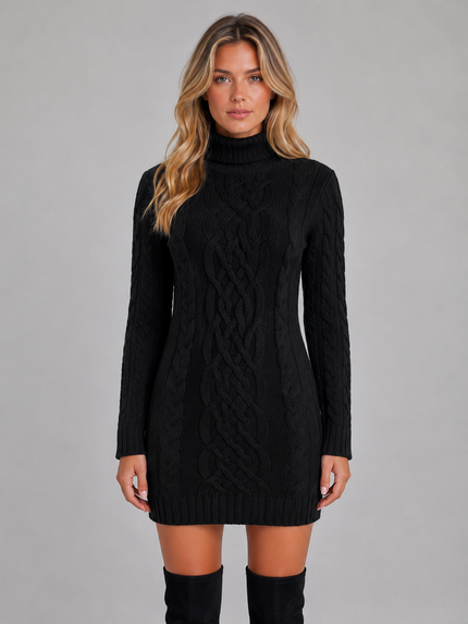 Women's Fitted Cable Knit Mini Jumper Dress with Roll Neck