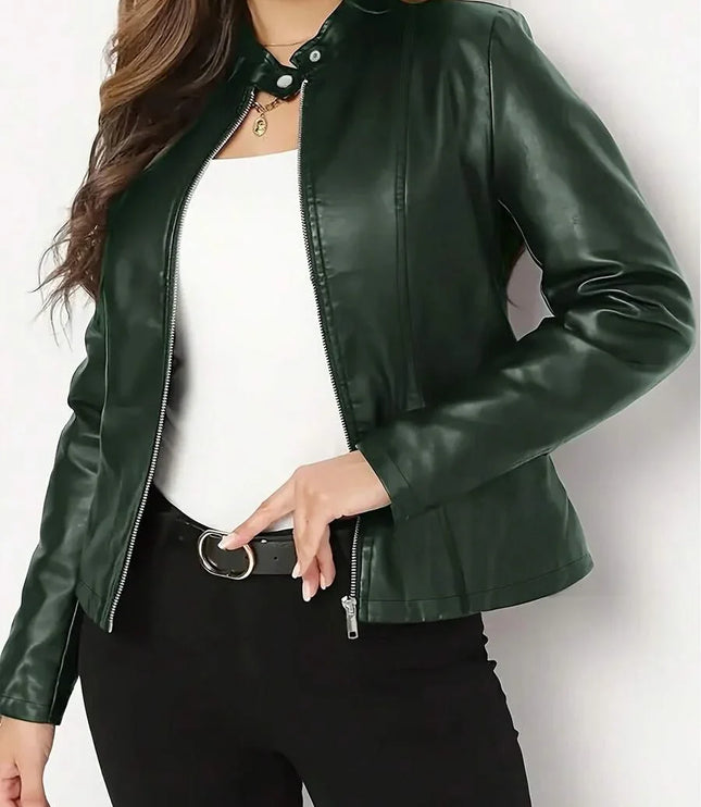 Fitted Leather Biker Jacket with Stand Collar and Panel Seams