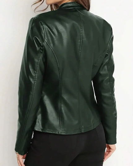 Fitted Leather Biker Jacket with Stand Collar and Panel Seams