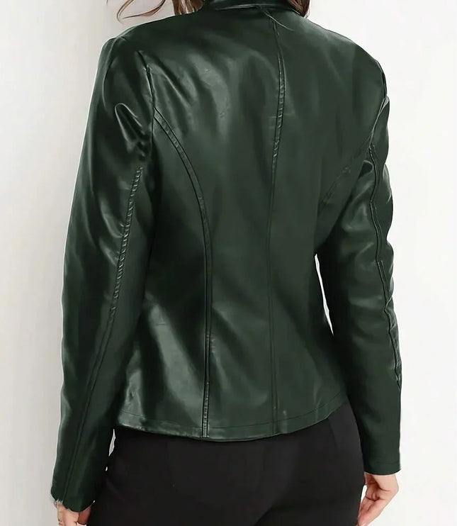 Fitted Leather Biker Jacket with Stand Collar and Panel Seams
