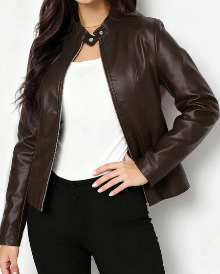 Fitted Leather Biker Jacket with Stand Collar and Panel Seams