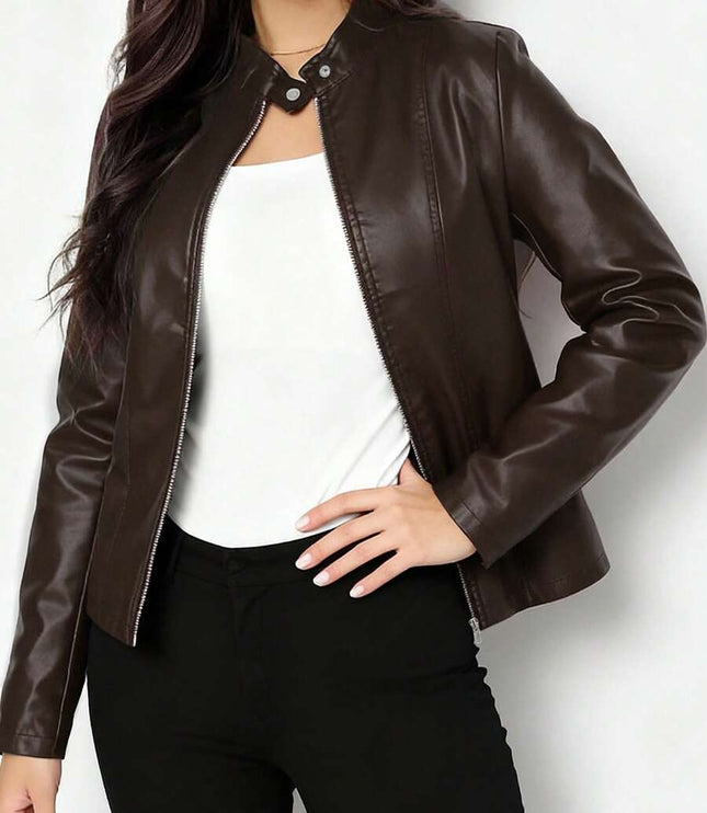 Fitted Leather Biker Jacket with Stand Collar and Panel Seams