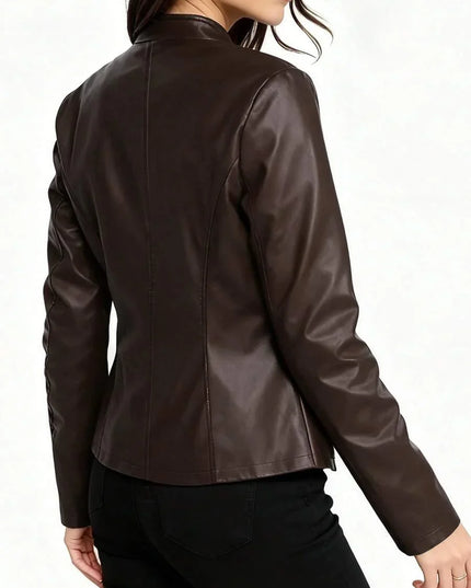 Fitted Leather Biker Jacket with Stand Collar and Panel Seams