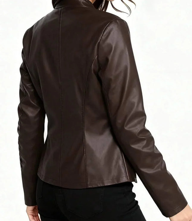 Fitted Leather Biker Jacket with Stand Collar and Panel Seams