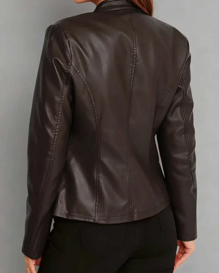 Fitted Leather Biker Jacket with Stand Collar and Panel Seams
