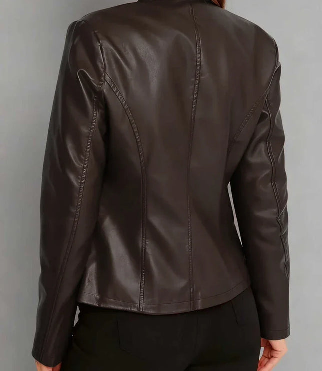 Fitted Leather Biker Jacket with Stand Collar and Panel Seams
